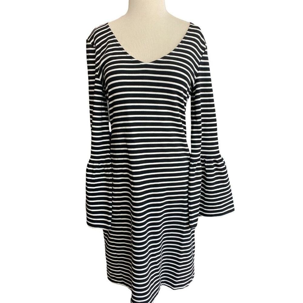 Small Banana Republic Black and White Striped V-Neck Flare Sleeve Dress - Picture 6 of 6